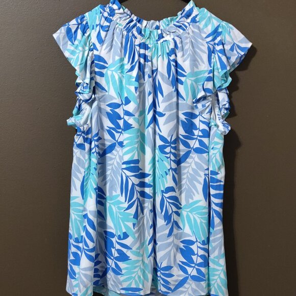 Sail to Sable Blue Palm Print Flutter Sleeve Ruffle Neck Top SIZE MEDIUM - Picture 4 of 5